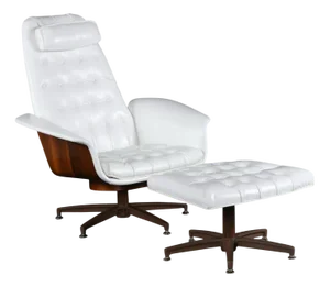 Set of White Tufted Tilt and Swivel Chair with Ottoman in the style of George Mulhauser