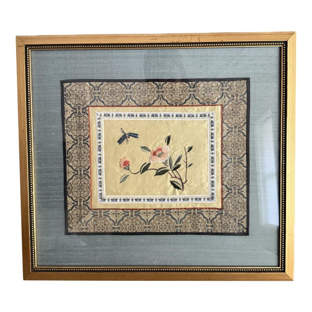 Vintage Framed Chinese Silk Embroidery Panel Featuring Flowers and Dragonfly For Sale