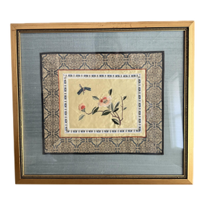 Vintage Framed Chinese Silk Embroidery Panel Featuring Flowers and Dragonfly