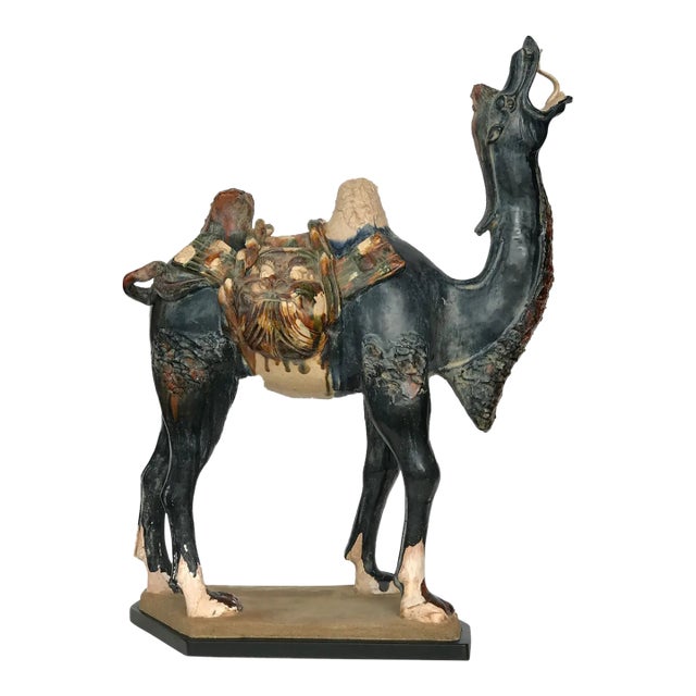 Vintage Large Chinoiserie Tang-Style Terracotta Camel on Wood Stand 26.5" H For Sale