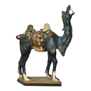 Vintage Large Chinoiserie Tang-Style Terracotta Camel on Wood Stand 26.5" H