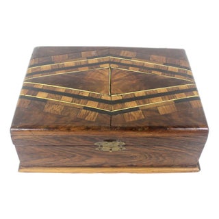 Antique Wood Inlay Box, Hinged Lid Exotic Wood, Brown Inlaid Trinket, Jewelry For Sale