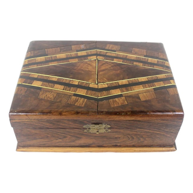Antique Wood Inlay Box, Hinged Lid Exotic Wood, Brown Inlaid Trinket, Jewelry For Sale