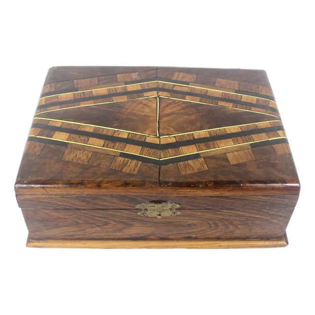 Antique Wood Inlay Box, Hinged Lid Exotic Wood, Brown Inlaid Trinket, Jewelry, Stash For Sale