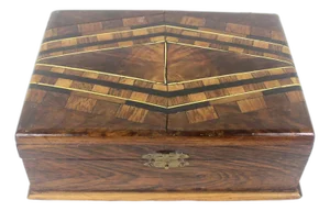 Antique Wood Inlay Box, Hinged Lid Exotic Wood, Brown Inlaid Trinket, Jewelry, Stash