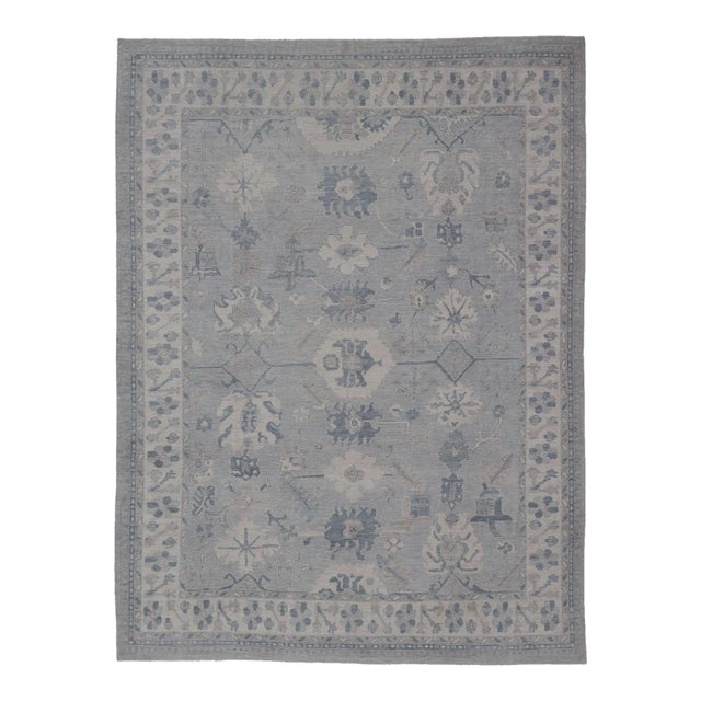 Large Modern Oushak With Floral Motifs With Cream Grey Blue and Powder Blue For Sale