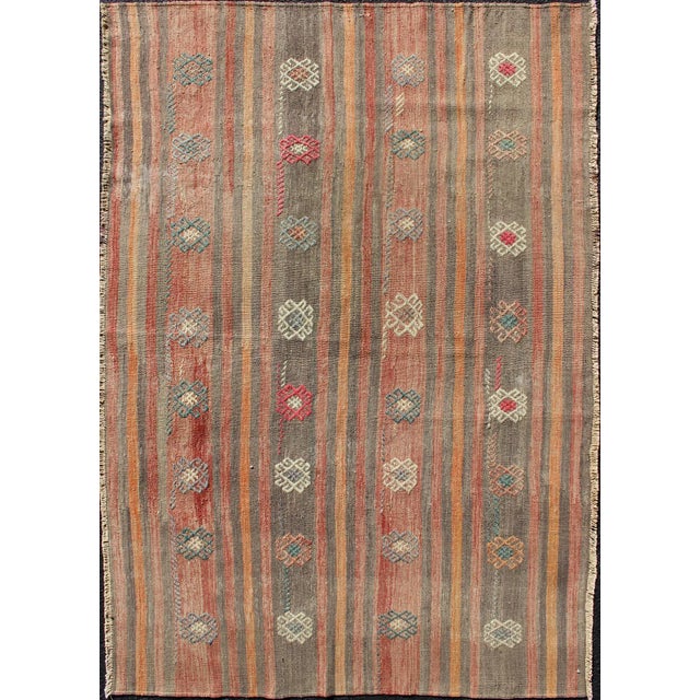 Colorful Vintage Hand Woven Turkish Flat-Weave Kilim Rug With Striped Geometric Design For Sale - Image 13 of 13