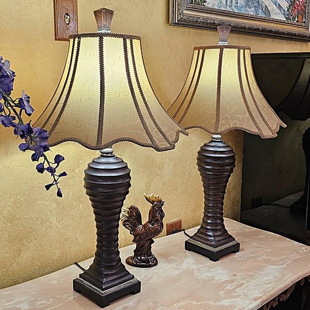 Vintage Uttermost Carved Wood-Finish Urn Table Lamps With Damask Shades – Pair For Sale - Image 15 of 18