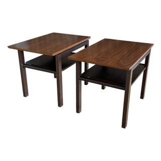 Pair of Dunbar Walnut and Mahogany Side Tables With Leather Capped Feet For Sale