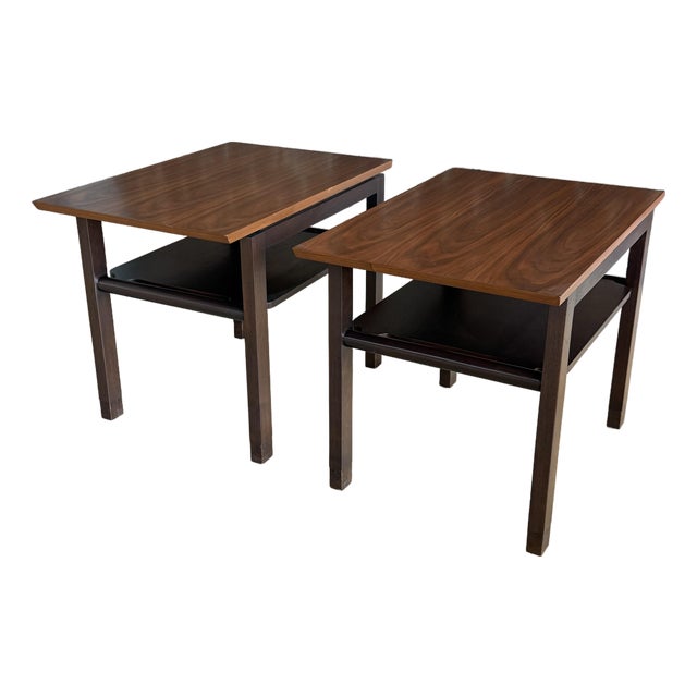 Pair of Dunbar Walnut and Mahogany Side Tables With Leather Capped Feet For Sale