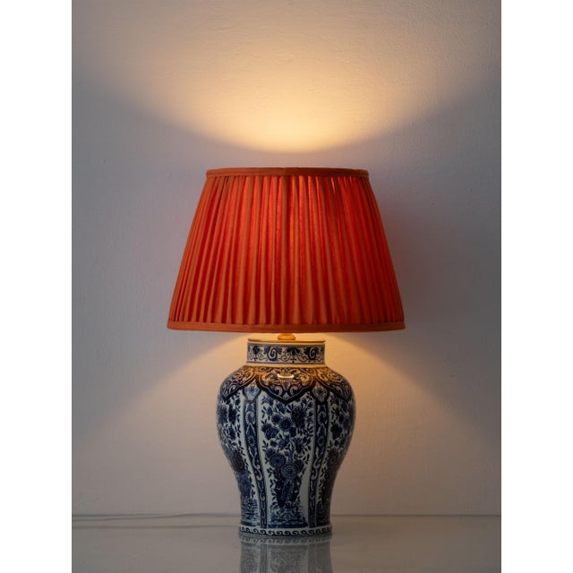 Delft Blue Ceramic Table Lamps with Persimmon Silk Shades from Boch Frères, 1960s, Set of 2 For Sale - Image 3 of 18