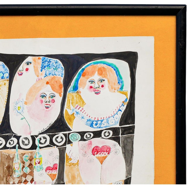 Paint Charles Pebworth "Female Nudes" Pink, Blue, Yellow, and Black Abstract Modern Figurative Drawing, 20th Century For Sale - Image 7 of 12