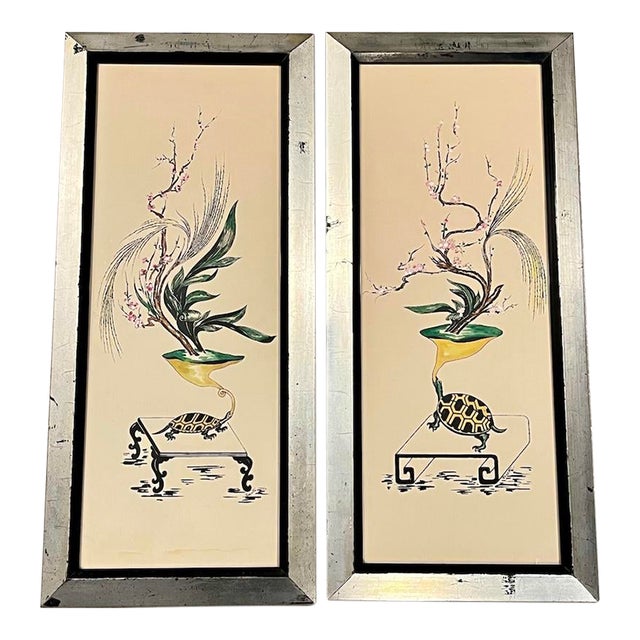 Mid-Century Surrealist Flowers and Turtles Original Watercolor Gouache Framed Paintings Tall 29"h - For Sale