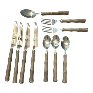 Vintage Cambridge Silversmiths Faux Bamboo Stainless Steel Mixed Flatware Set- 10 Pieces For Sale