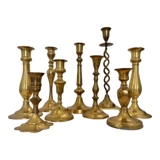 Mid 20th Century Assorted Brass Candlestick Holders, Set of 9 For Sale