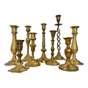 Mid 20th Century Assorted Brass Candlestick Holders, Set of 9