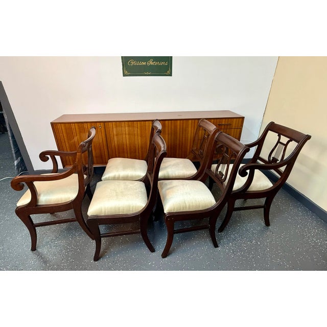 1940's Reupholstered Mahogany Kilsmos Lyre Back Dining Chairs (6) For Sale In Baton Rouge - Image 6 of 11