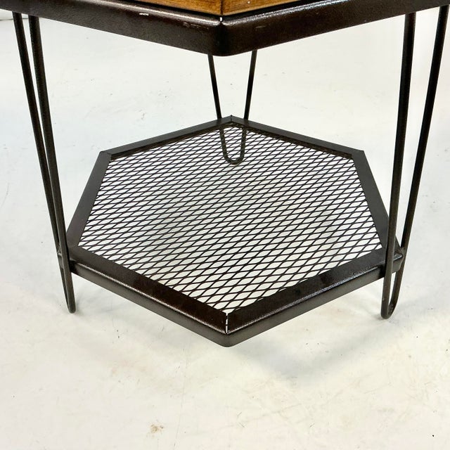 Chocolate Mid-Century Boho Chic Industrial Metal & Pine Hexagonal Side Table. For Sale - Image 8 of 10