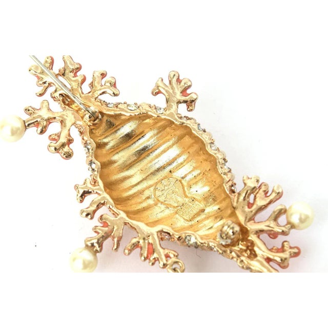 Gold Hutton Wilkinson Coral Enamel Faux Pearl, Rhinestone Gold Filled Brooch or Pin, 1980's For Sale - Image 8 of 10