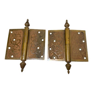 Pair Antique 19th Century Ornate Solid Heavy Brass Bronze Door Hinges Hardware For Sale