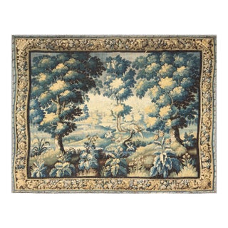 17th Century Antique Tapestry With Woodland Scene and Floral Border in Blue Tone For Sale