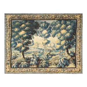 17th Century Antique Tapestry With Woodland Scene and Floral Border in Blue Tone