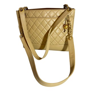 Chanel Quilted Beige/ Cream Lamb Skin Grand Shopper Chain Tote, Golden Hardware For Sale