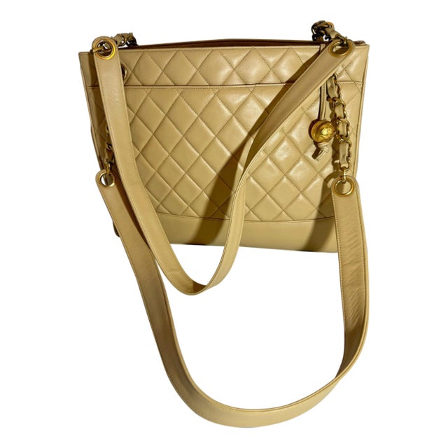 Chanel Quilted Beige/ Cream Lamb Skin Grand Shopper Chain Tote, Golden Hardware For Sale