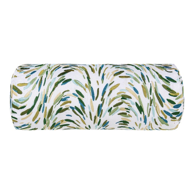 The House Of Scalamandré Fountain Embroidery Bolster Pillow In Leaf For Sale