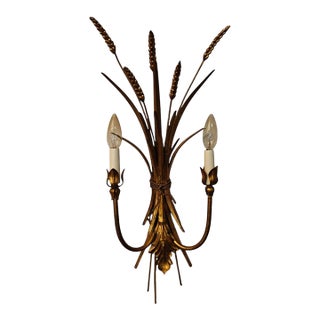 Vintage Italian Gilt Gold Metal Sheaf of Wheat Electric Candle Wall Sconce For Sale