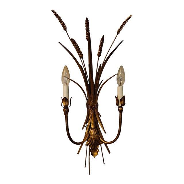 Vintage Italian Gilt Gold Metal Sheaf of Wheat Electric Candle Wall Sconce For Sale