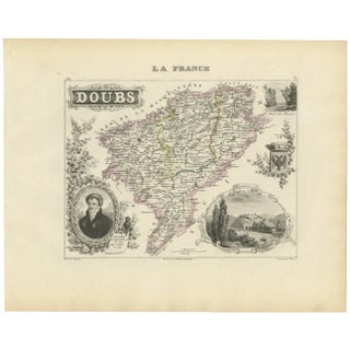 Map of Doubs France with Besançon and Swiss Border Landscape, 1800s For Sale