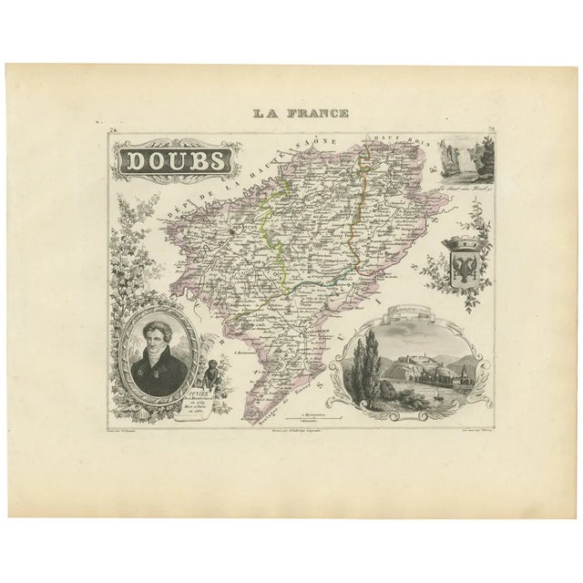 Map of Doubs France with Besançon and Swiss Border Landscape, 1800s For Sale