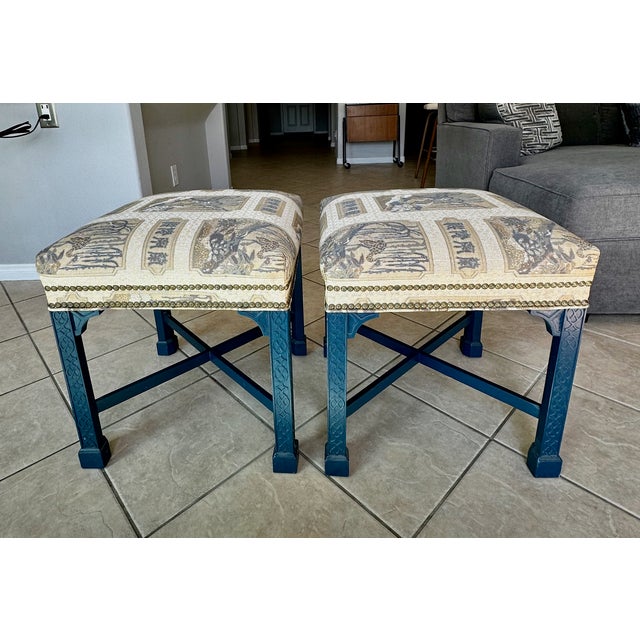Pair Painted Chinese Chippendale Style Benches Chinoiserie Tapestry Upholstery For Sale In Palm Springs - Image 6 of 18
