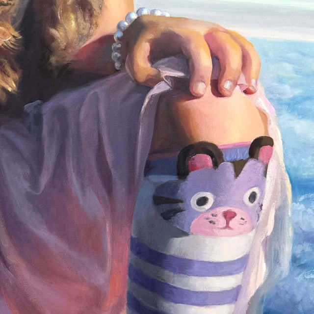 Early 21st Century Future of Flight by Denise Dambrackas | Acrylic & oil on panel Girl holding a toy airplane above clouds. For Sale - Image 5 of 5