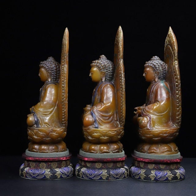 Brown 1930s Set of Three Carved Shoushan Stone Buddhas (Triple Gem / Triratna) — Seated With Halo & Lotus Base For Sale - Image 8 of 9