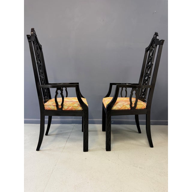 1970s Elegant Pair of 1970s Black Chinoiserie Arm Chairs W/Carved Details Mid Century For Sale - Image 5 of 11