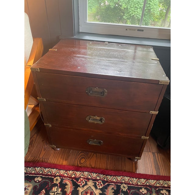 Mid 20th Century Solid Wood Campaign 3-Drawer Dresser / Bedside Table / End Table - Set of 2 For Sale - Image 9 of 17