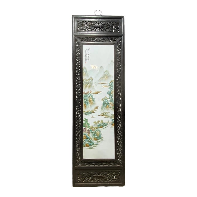 Large Chinoiserie Hand Painted Famille Rose Porcelain Wall Panel 67.5" H For Sale