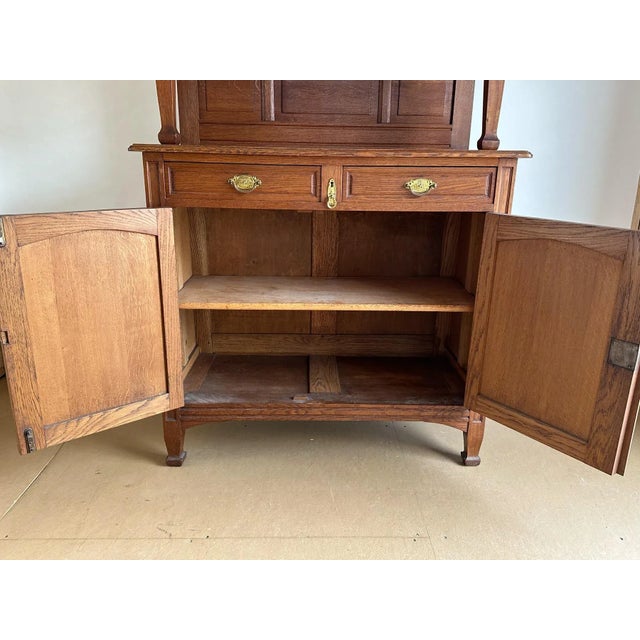 1920 Early American Buffet Art Deco Mid-Centry Oak Glass Doors. Latched Drawers & Original Key. For Sale - Image 12 of 12