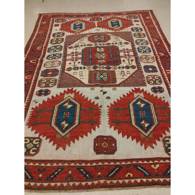Red Antique Karachov Kazak Carpet, Handmade Wool, Pale Blue, Rust, Ivory, Geometric For Sale - Image 8 of 11