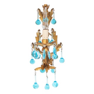 Italian Gilt Iron Wall Sconce with Turquoise Crystals, 1960s For Sale