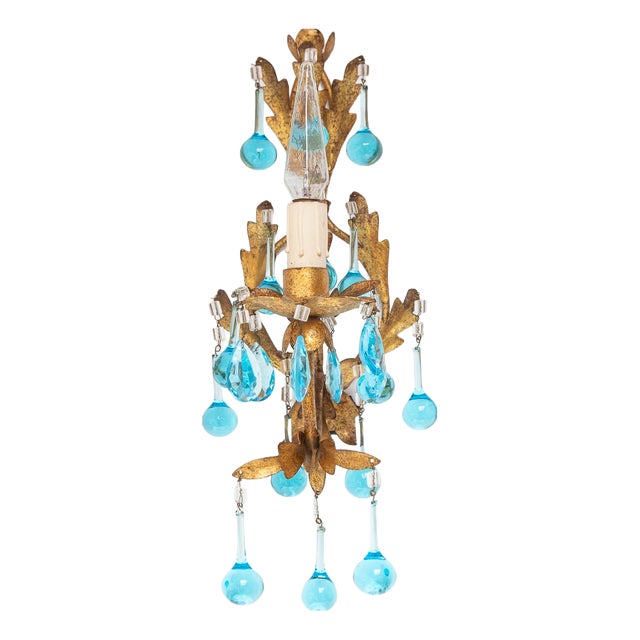 Italian Gilt Iron Wall Sconce with Turquoise Crystals, 1960s For Sale