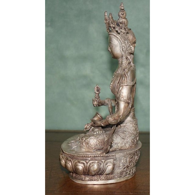 Tibetan Silvered Metal Buddhist Deity Figure Statue on Lotus Base For Sale - Image 17 of 18