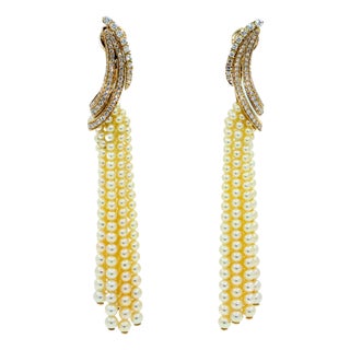 Golden White Akoya Pearl Gold Luxury Elegant Grape Cascade Wave Diamond Earrings, A Pair For Sale