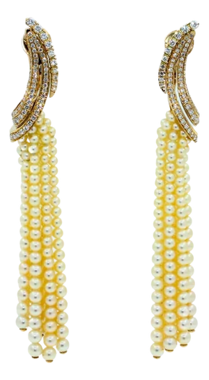 Golden White Akoya Pearl Gold Luxury Elegant Grape Cascade Wave Diamond Earrings, A Pair