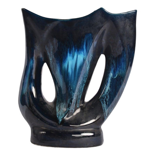 Mid Century Vallauris Ceramic Blue Black Swirl Vase For Sale
