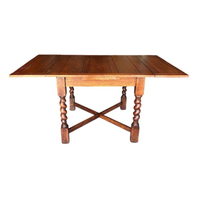 Professionally Restored 1930s Solid Oak Draw Leaf Dining Table With Barley Twist Legs (1a) For Sale