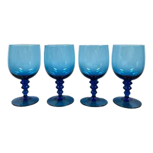 Vintage Mid-20th Century Hand Made Italian Blue Glass Goblets - Set of 4
