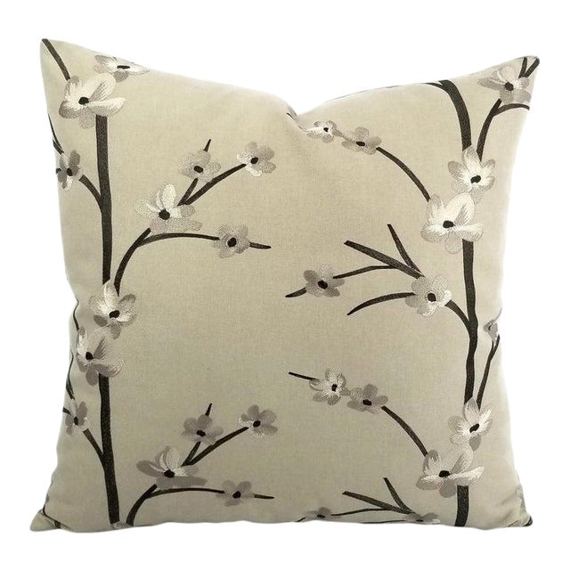 Juniata Gray Floral Embroidered Pillow Cover For Sale